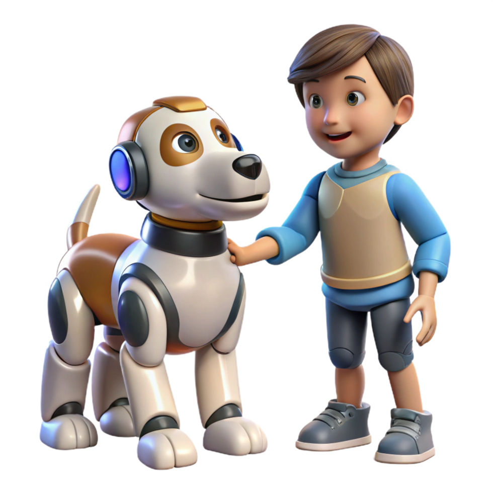 coveted rustic A robotic dog interacting with a child, warm, domestic setting, realistic style flawless png