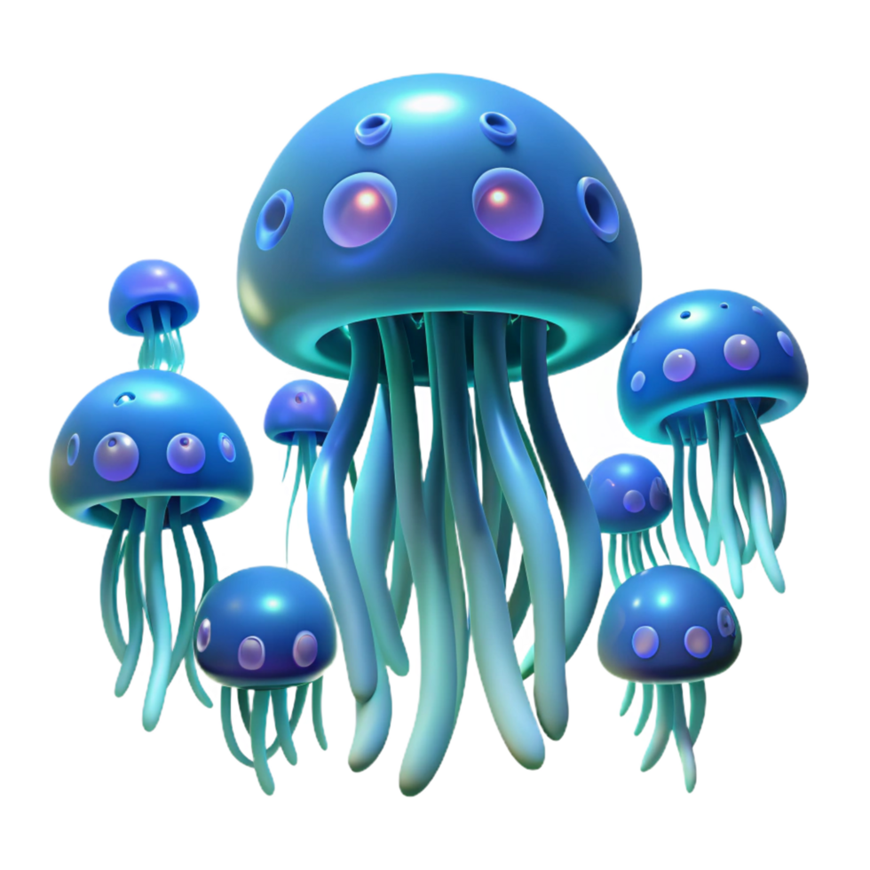 dazzling futuristic A school of bioluminescent jellyfish floating in the deep ocean, dark background with glowing creatures, in a surreal style perfect clarity png