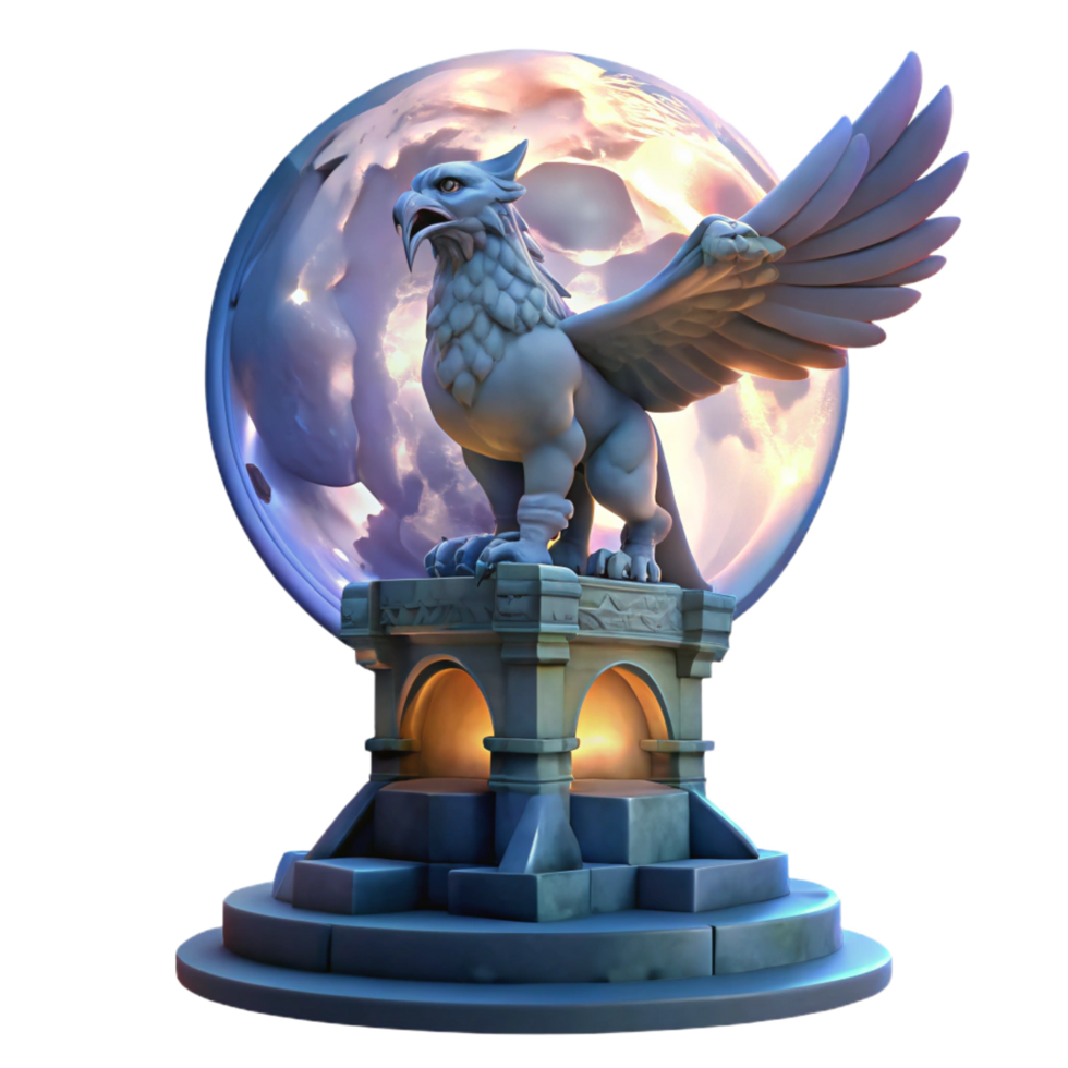 glorious distinctive A majestic griffin perched atop a crumbling obsidian tower, illuminated by the ethereal glow of a full moon, painted in a hyperrealistic style png