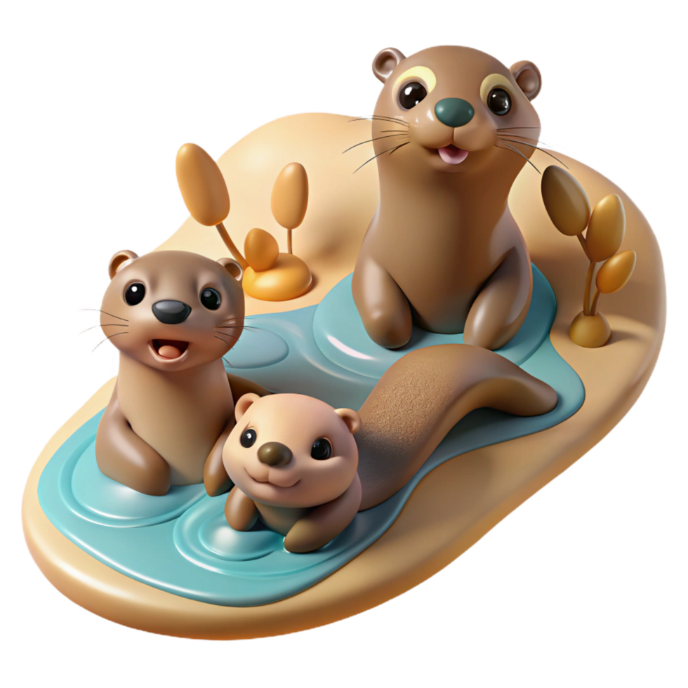 whimsical picturesque A family of playful otters sliding down a muddy riverbank, sun drenched scene with shallow depth of field, illustrated in a whimsical style crisp png