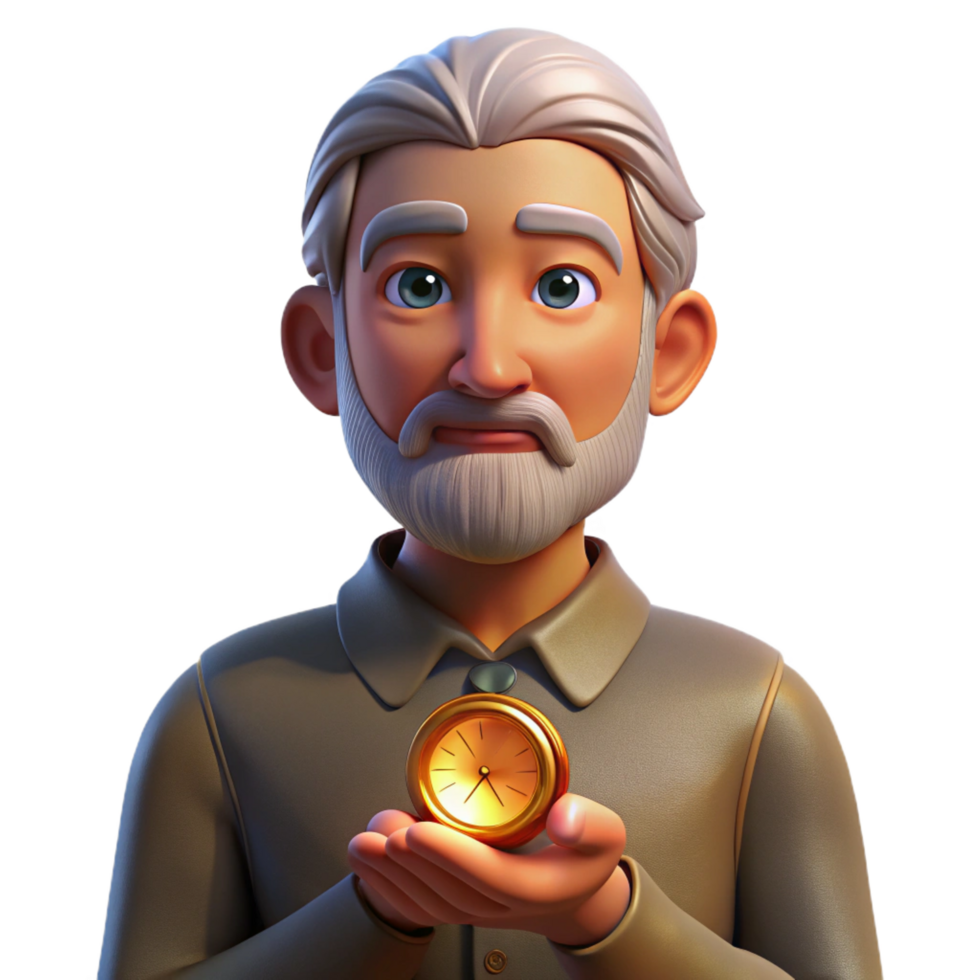 mysterious alluring Portrait of an elderly man with weathered hands holding a compass, his face illuminated by the warm glow of a setting sun, realistic style detailed png
