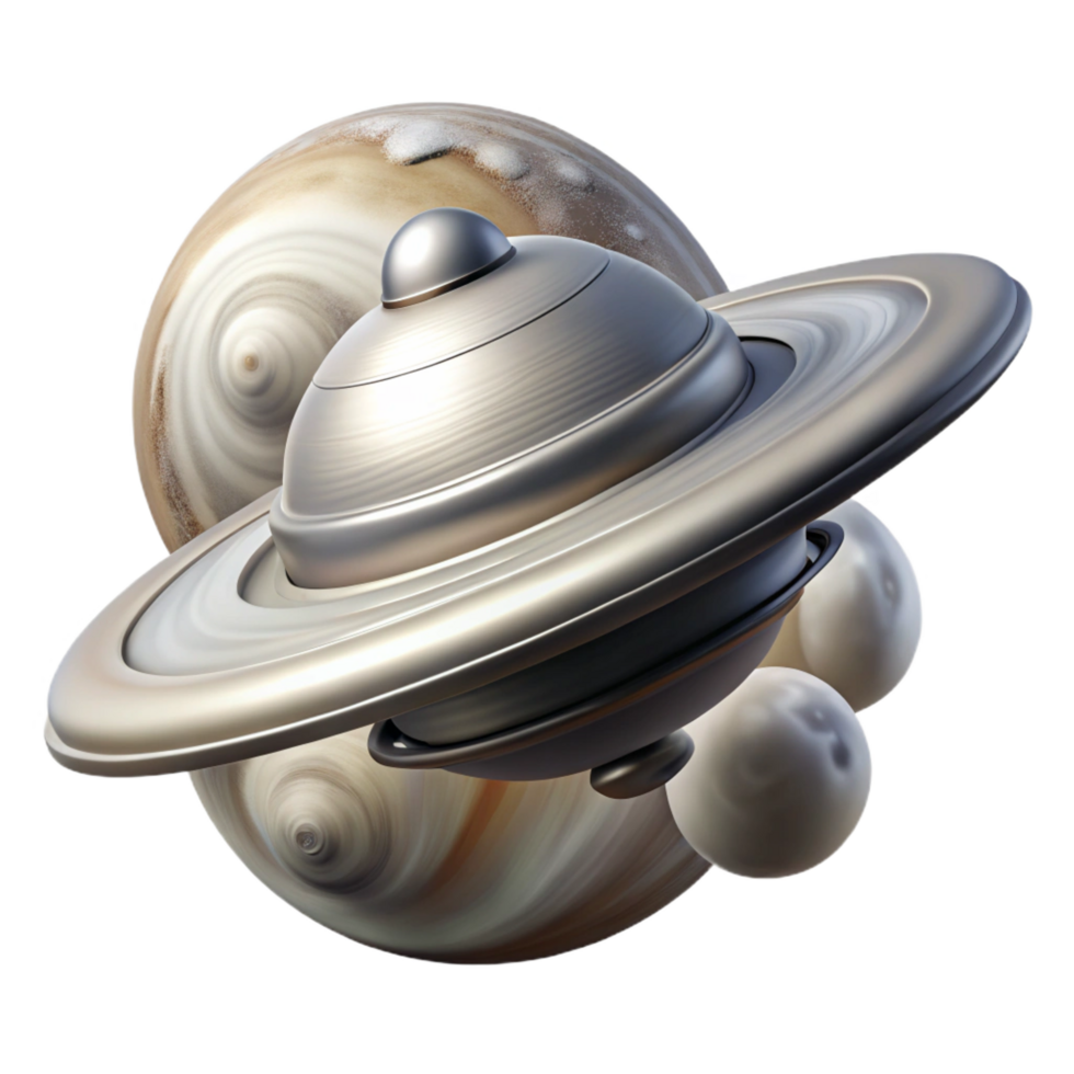 coveted elegant A sleek, silver spaceship orbiting a gas giant, swirling clouds and atmospheric effects, realistic and detailed, space art style refined png