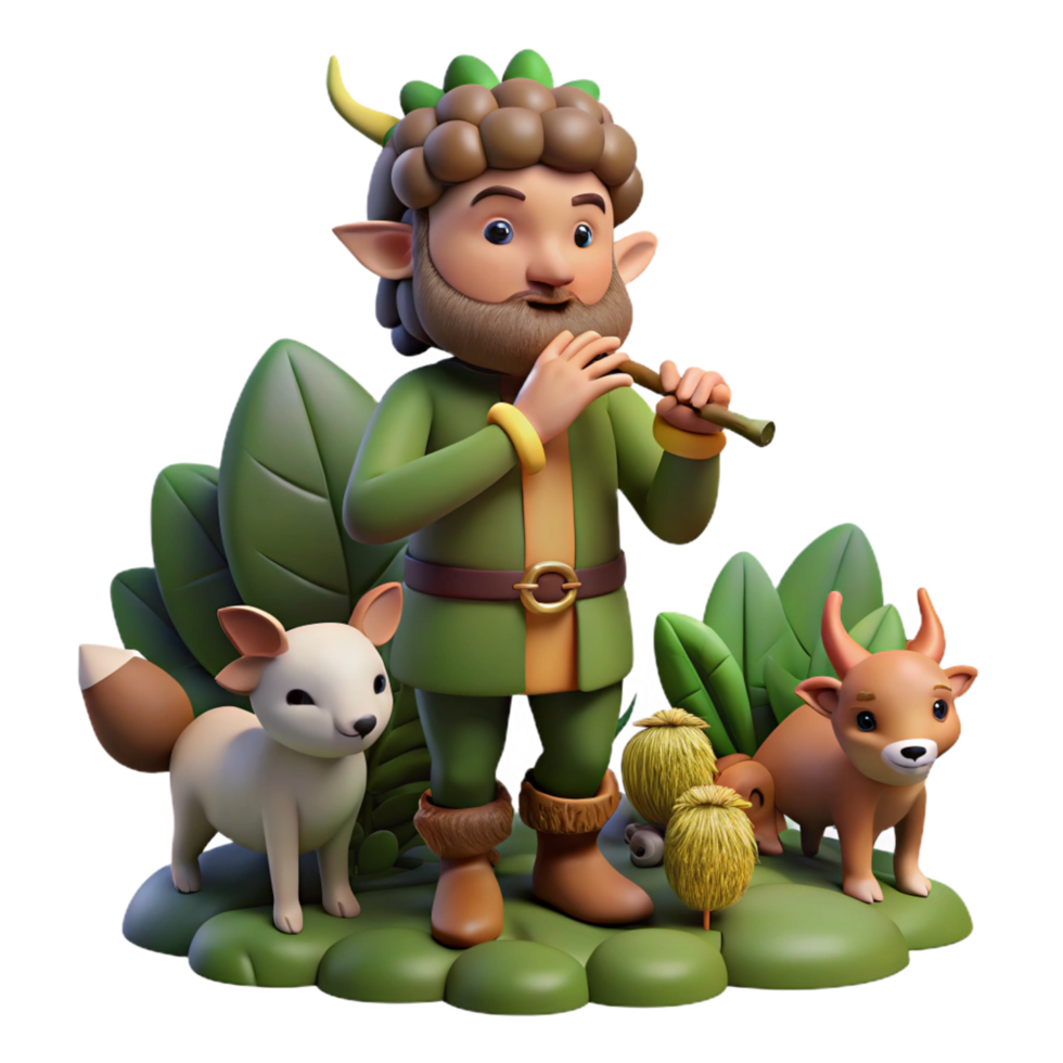magnificent retro A mischievous Pan, god of the wild, playing his pipes, surrounded by woodland creatures. Romantic style elite png