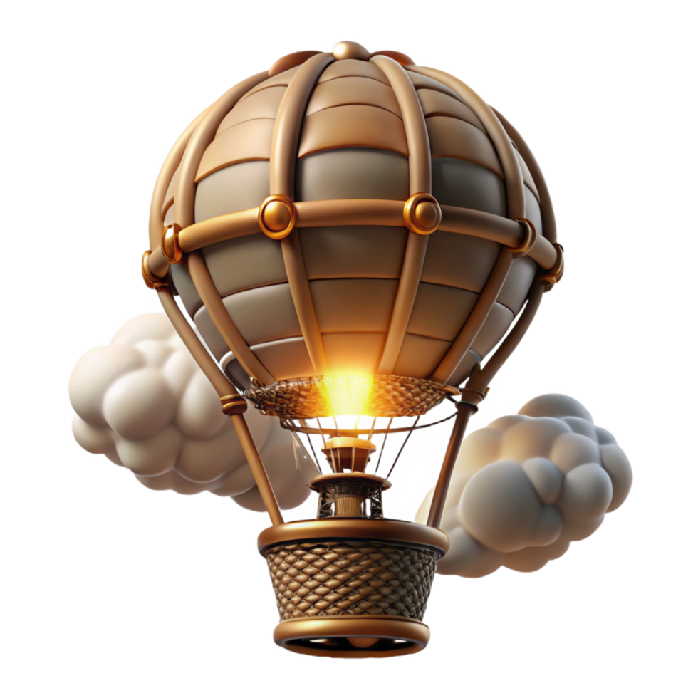 pristine retro A steampunk hot air balloon with a woven wicker basket and brass burners, floating against a cloudy sky, warm, diffused lighting, illustration style genuine png