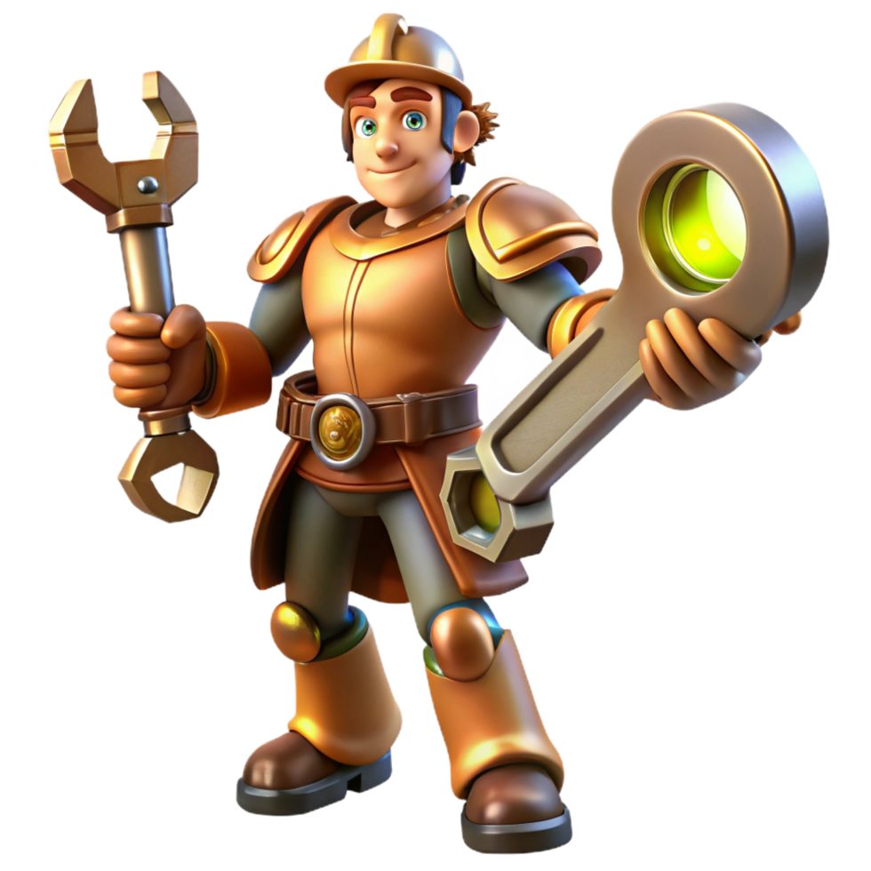 dazzling memorable A powerful steampunk automaton, wielding a giant wrench, dynamic, spotlight lighting, comic book style png
