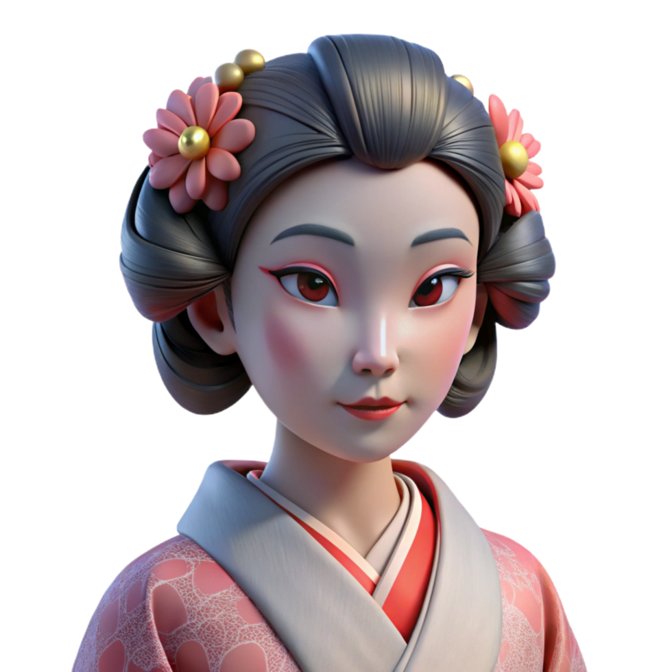 splendid dynamic vintage Portrait of a serene geisha with elaborate makeup and a floral kimono, soft pink lighting, traditional Japanese painting style elite png