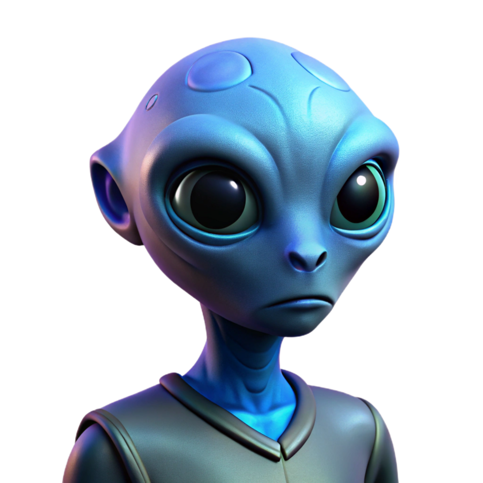 sumptuous remarkable Portrait of a curious alien with large black eyes and unusual features, ethereal blue lighting, science fiction style png