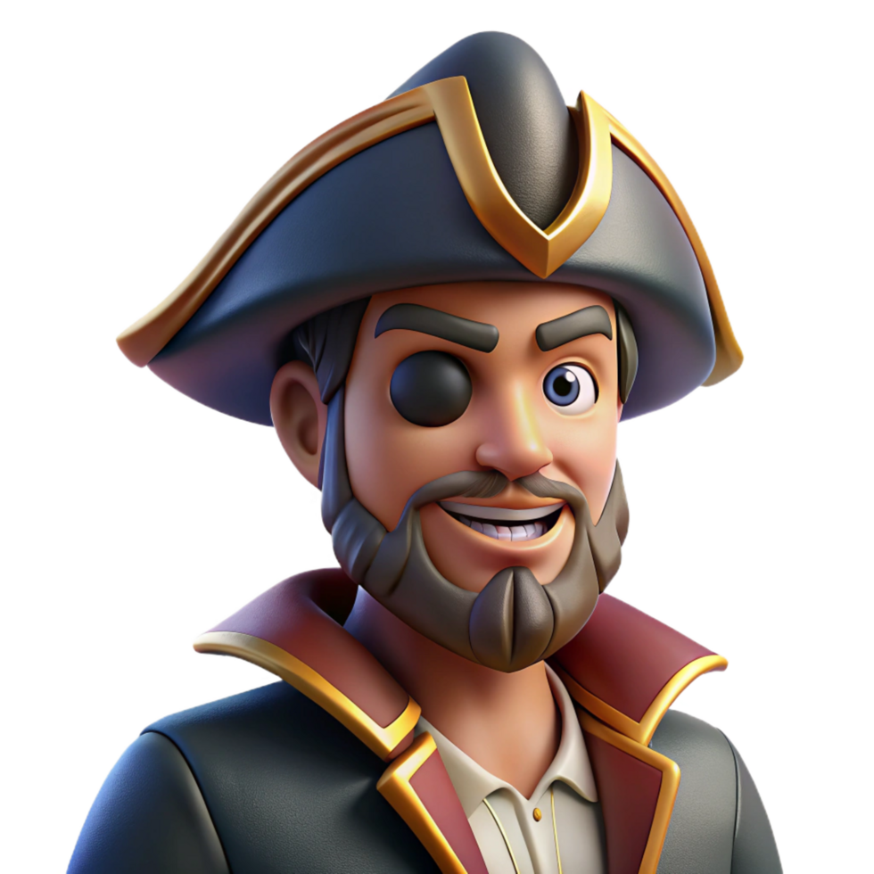 dazzling dreamy elegant Portrait of a charismatic pirate captain with an eye patch, a tricorne hat, and a mischievous grin. Warm, golden lighting. Digital painting style artisan png