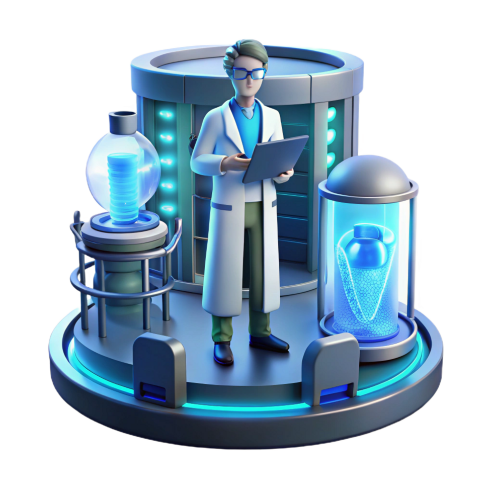 sought after elegant A scientist working in a futuristic laboratory, surrounded by holographic displays, cool blue lighting, clean and minimalist, art style flawless png