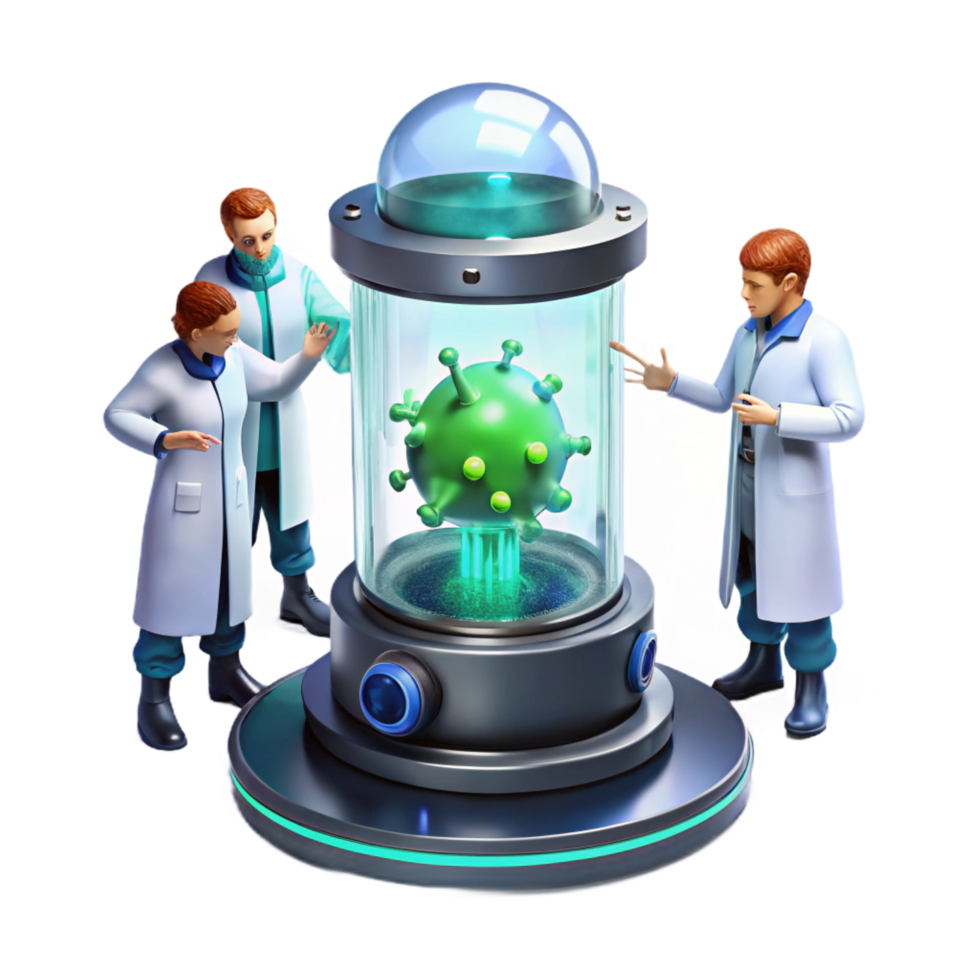 whimsical splendid A group of scientists in a futuristic laboratory, examining a strange alien organism contained within a force field. Bright, sterile lighting. Sci fi horror style professional png