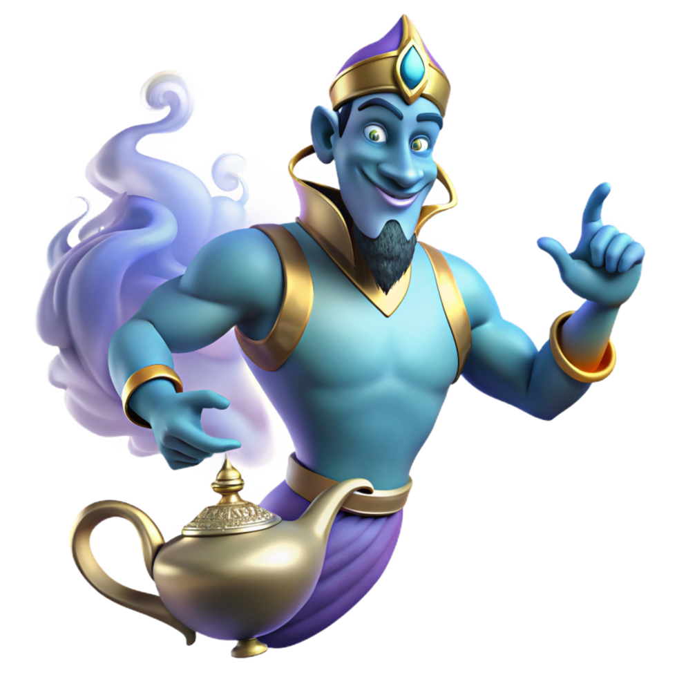 spectacular sought after Portrait of a powerful genie emerging from a magic lamp, swirling smoke and light, fantasy art style png
