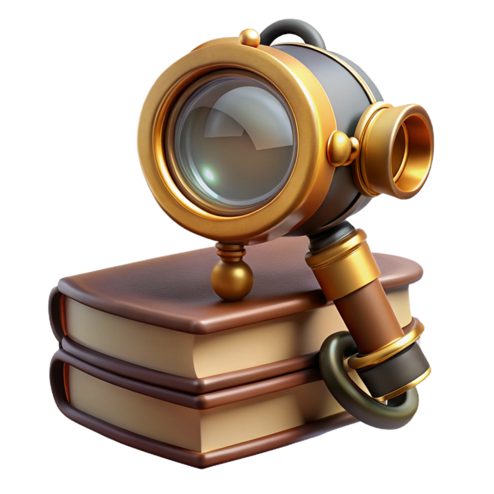 picturesque organic A steampunk monocle with a brass frame and a magnifying glass, resting on a stack of books, soft, diffused lighting, realistic style ultra HD png
