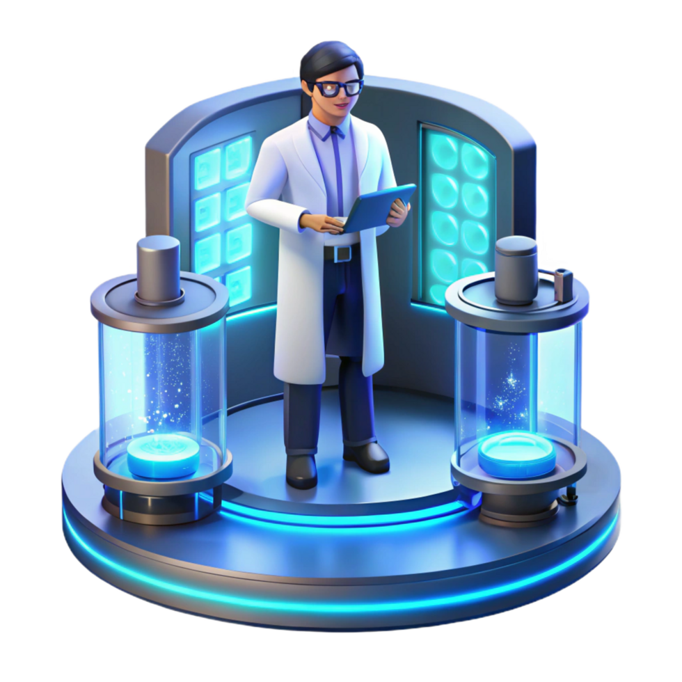 notable nordic A scientist working in a futuristic laboratory, surrounded by holographic displays, cool blue lighting, clean and minimalist, art style genuine png