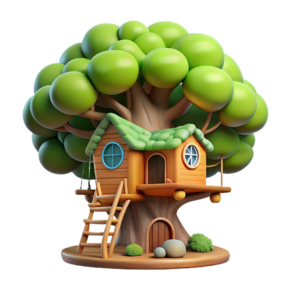 dynamic fascinating A whimsical treehouse nestled in the branches of a giant tree, dappled sunlight, children s book illustration style high quality png