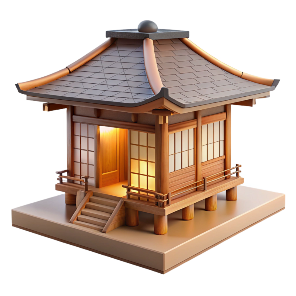 striking romantic organic Japanese tea house, wood and paper, soft natural light, serene, peaceful, watercolor style perfect clarity png