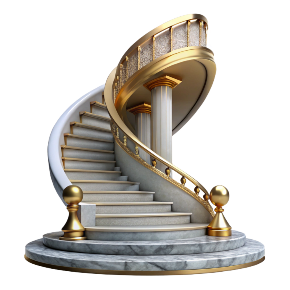 striking reflective art deco A grand staircase spiraling upwards, marble and gold details, ornate style, dramatic lighting, crisp png