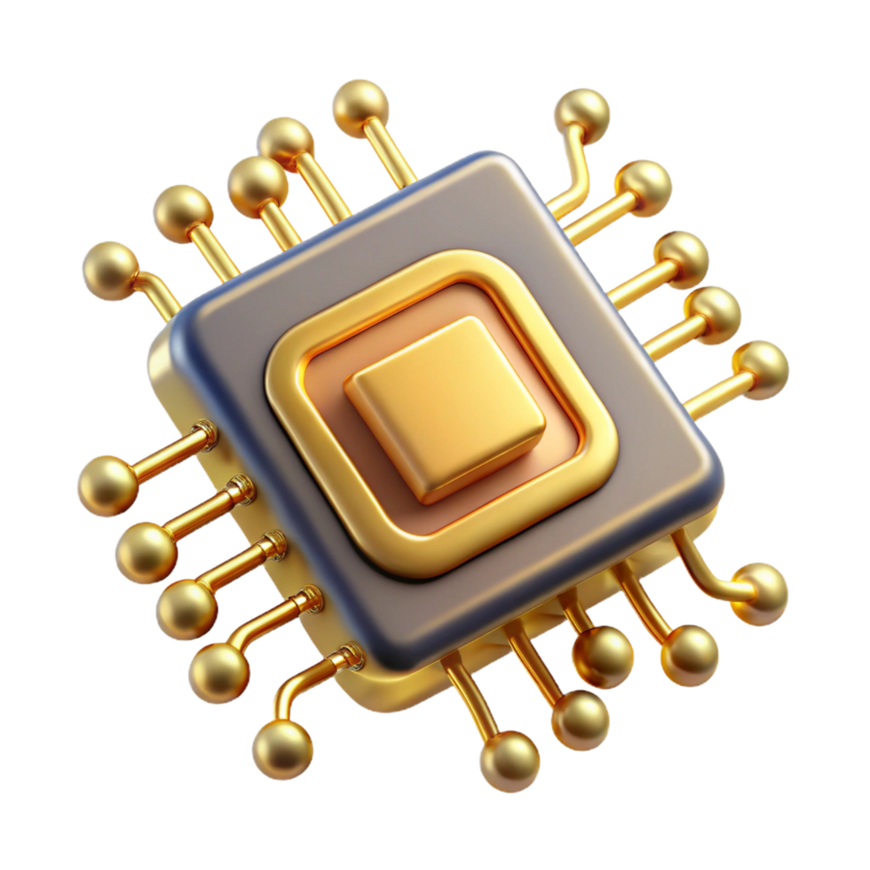 striking futuristic A single microchip, its golden connectors gleaming, suspended in a network of swirling binary code, dark background with pinpoint lighting, photorealistic style detailed png