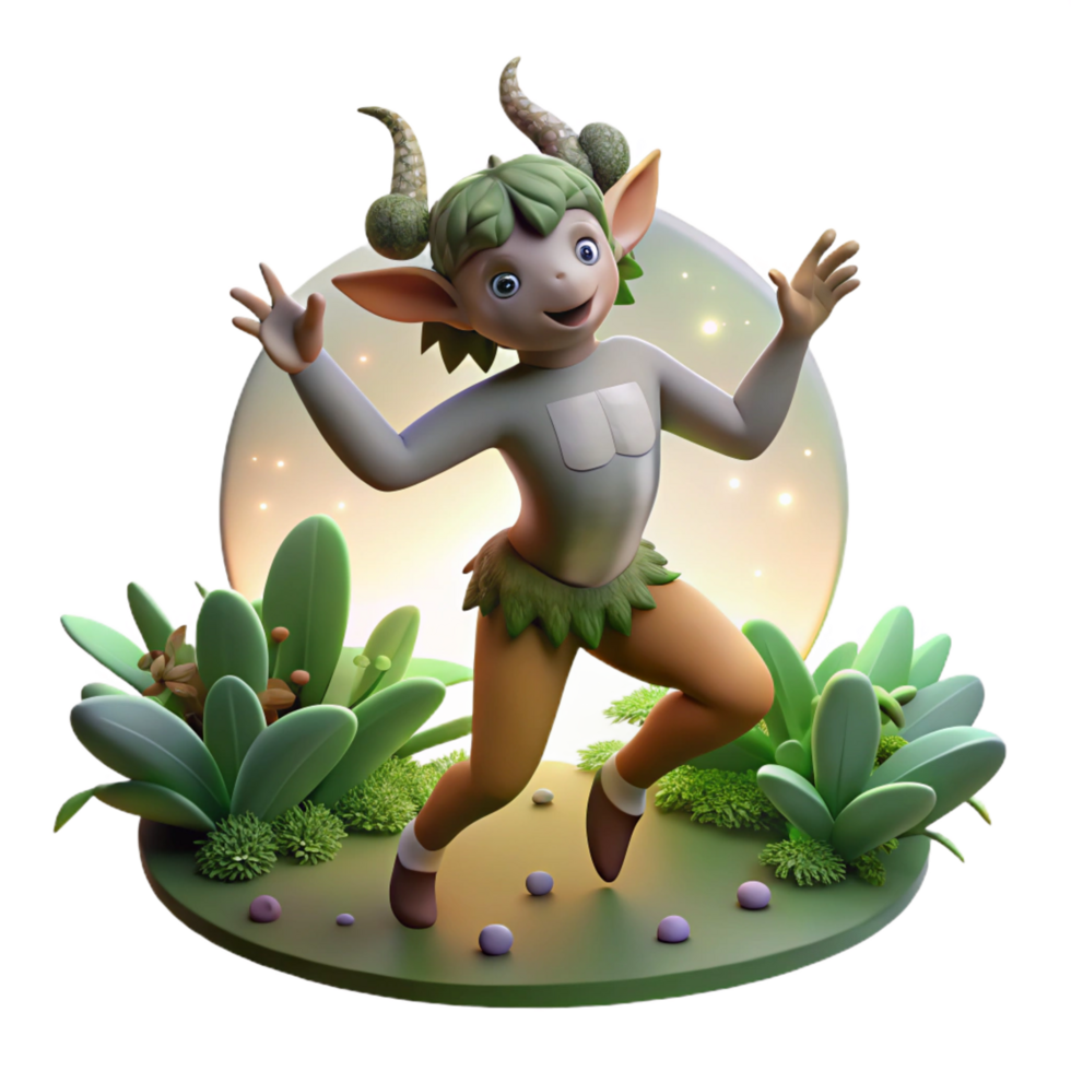 calm captivating A playful satyr dancing in a moonlit forest glade, dappled light through the leaves, whimsical illustration style flawless png