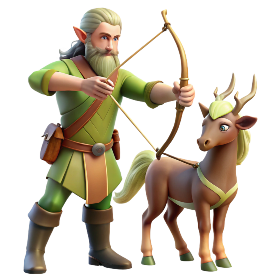 magnificent distinguished A wise old centaur teaching archery to a young elf, warm sunlight, classical painting style png