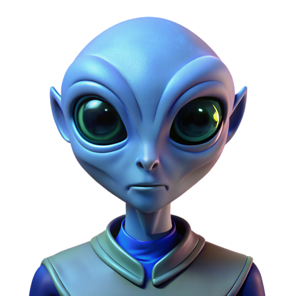 magnificent whimsical bohemian Portrait of a curious alien with large black eyes and unusual features, ethereal blue lighting, science fiction style original png