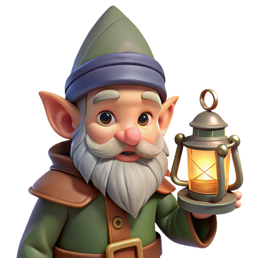 nostalgic spectacular Portrait of a grumpy gnome with a long beard, pointed hat, and holding a small lantern. Warm, firelight. Fantasy art style authentic png
