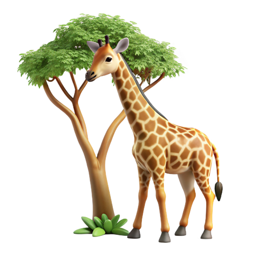 hypnotic reflective classic A majestic giraffe reaching for leaves in a tall tree, African savanna setting, realistic rendering top tier png