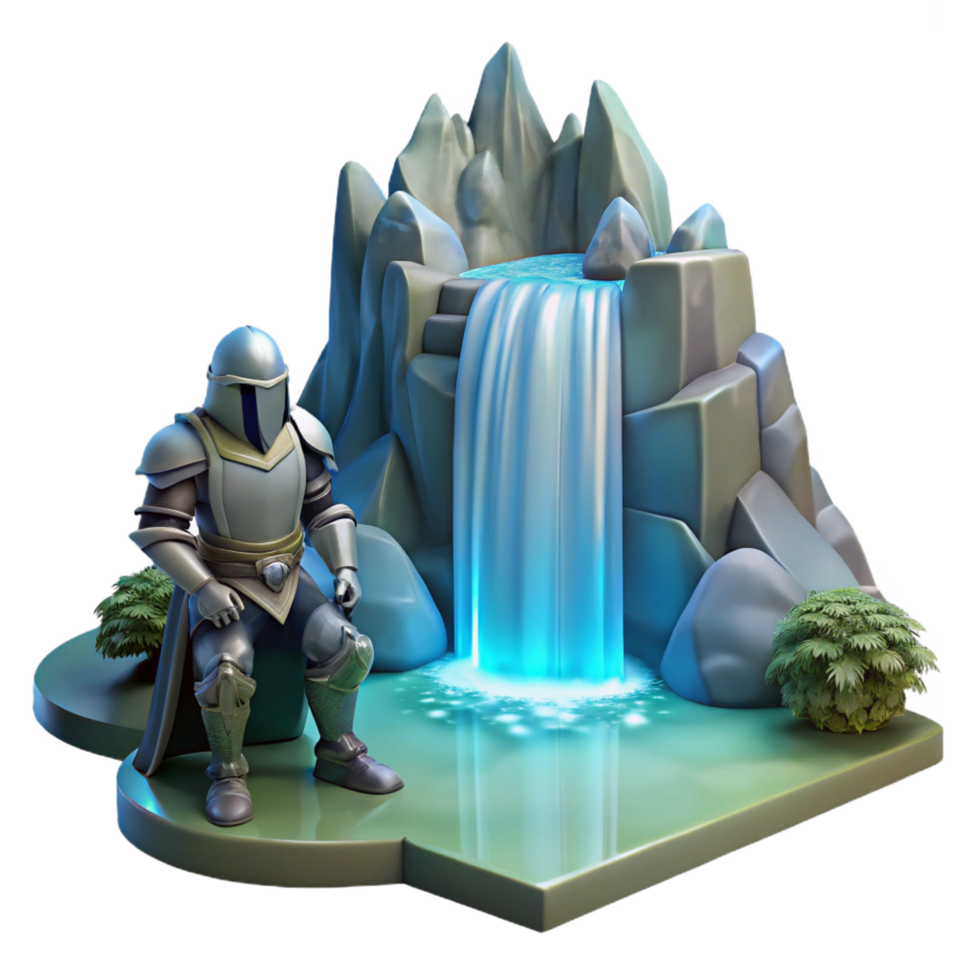fascinating timeless A lone knight in shining armor kneeling before a mystical waterfall cascading into a crystal clear pool, soft diffused lighting, in a painterly style png