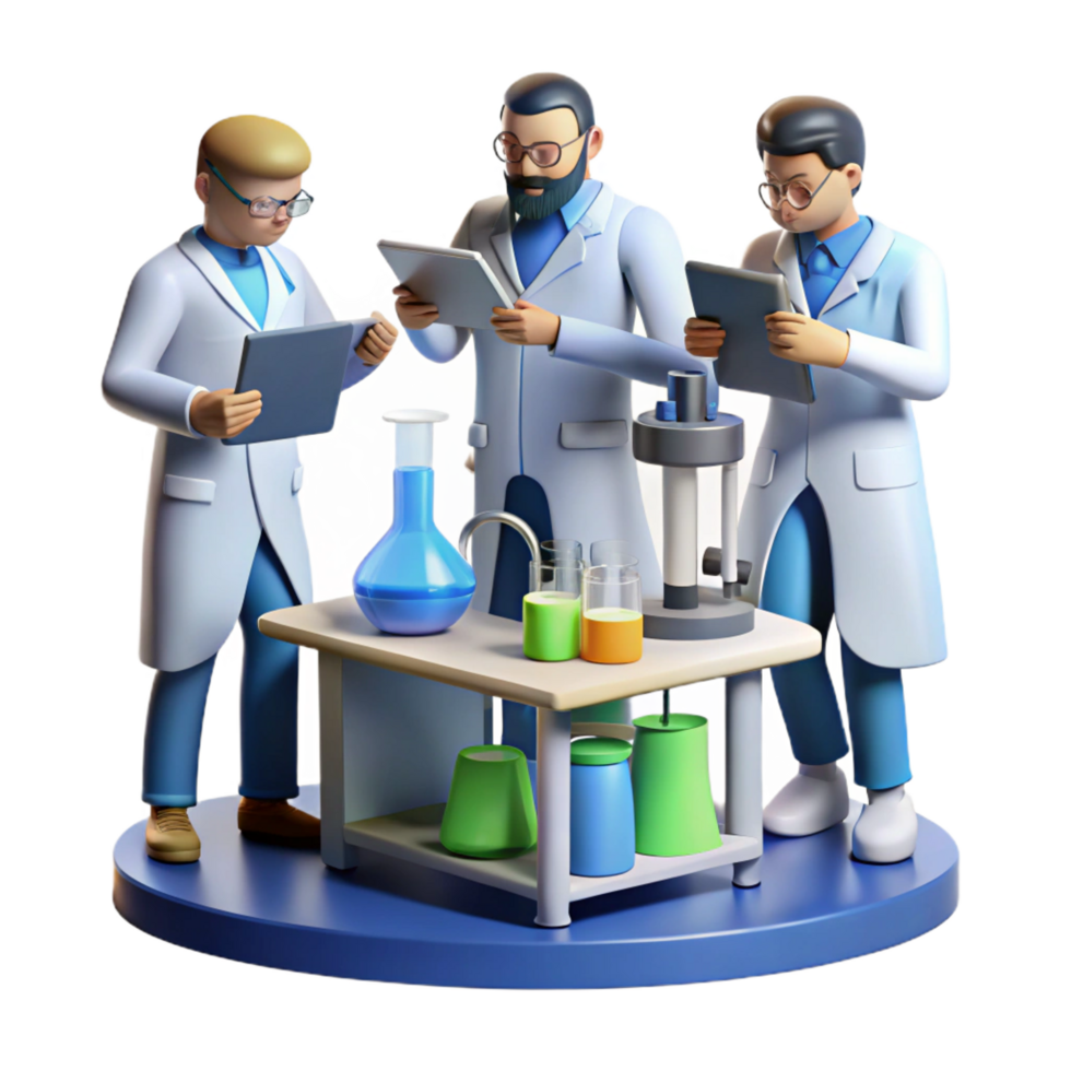 pristine art deco A group of scientists working on a complex technological project, laboratory setting, realistic style high quality png