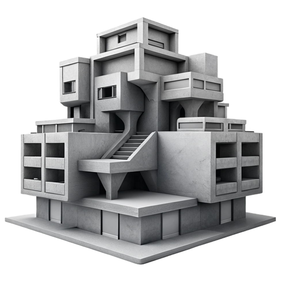 dreamy stunning A Brutalist concrete apartment complex, repetitive geometric patterns, harsh shadows, dystopian atmosphere, monochrome, impeccable png