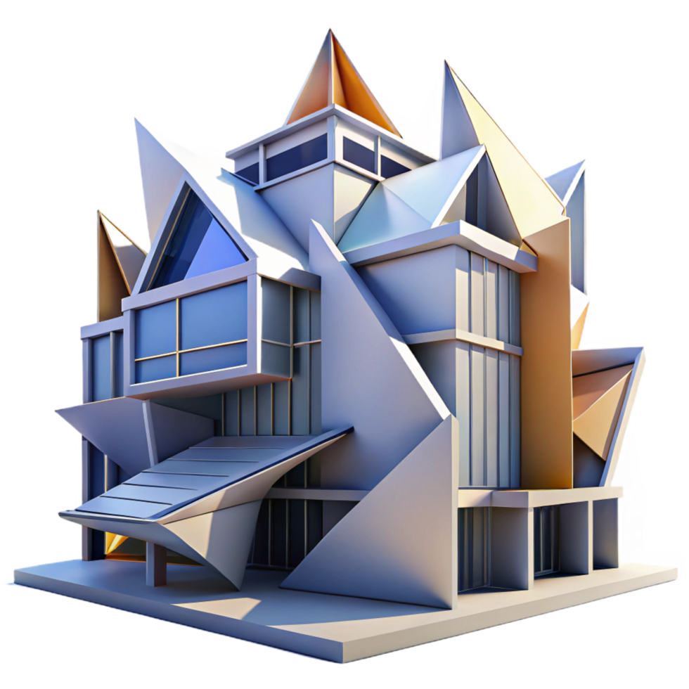 fascinating melancholic elegant Deconstructivist building, fragmented forms, sharp angles, dynamic lighting, abstract, architectural style high resolution png