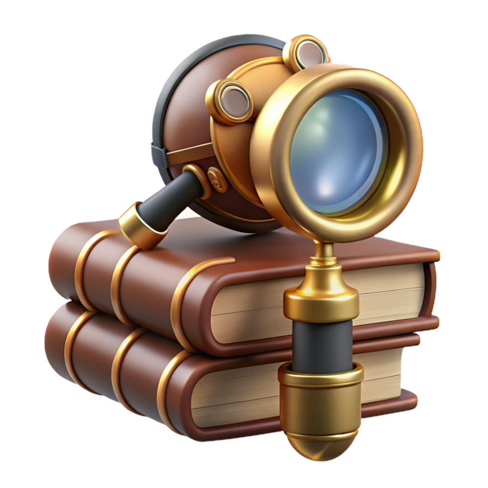 dramatic rare A steampunk monocle with a brass frame and a magnifying glass, resting on a stack of books, soft, diffused lighting, realistic style png
