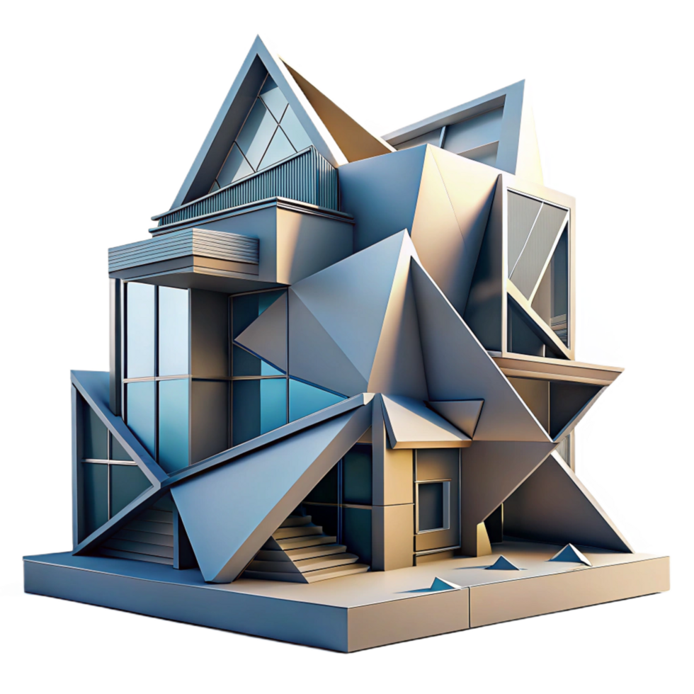 iconic geometric Deconstructivist building, fragmented forms, sharp angles, dynamic lighting, abstract, architectural style 4K png