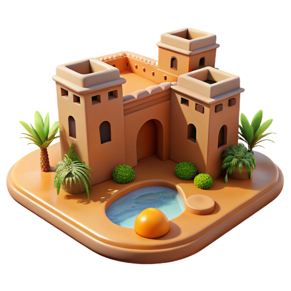 dramatic hypnotic Desert oasis with traditional mud brick architecture, midday sun, warm tones, realistic, 4K png