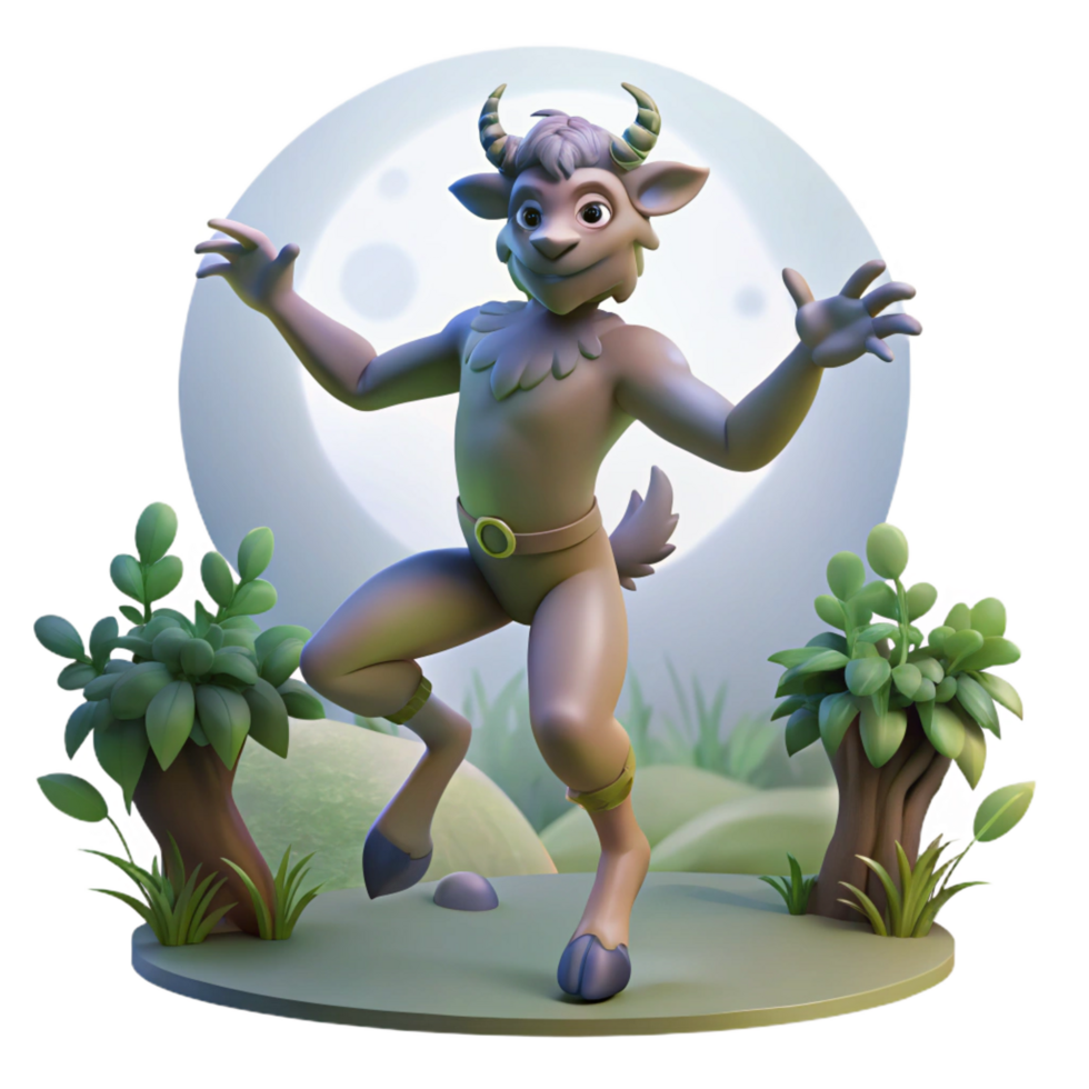 captivating mysterious futuristic A playful satyr dancing in a moonlit forest glade, dappled light through the leaves, whimsical illustration style masterfully captured png