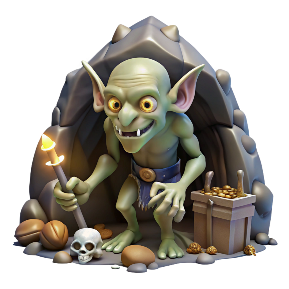 serene memorable A grotesque goblin scavenging in a dimly lit cave, surrounded by bones and treasures, dark fantasy style png