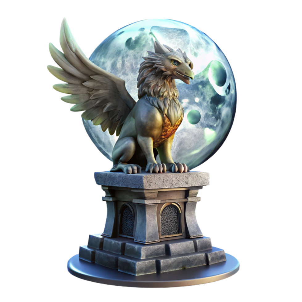 dazzling harmonious victorian A majestic griffin perched atop a crumbling obsidian tower, illuminated by the ethereal glow of a full moon, painted in a hyperrealistic style fine detail png
