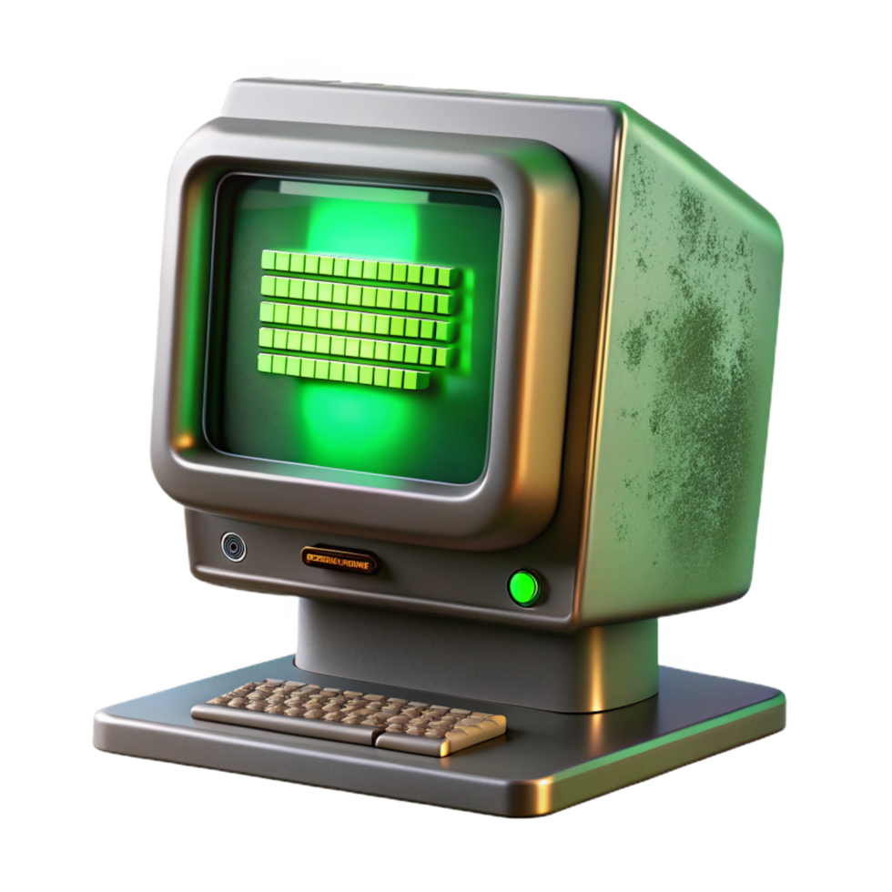 stunning sought after A vintage computer monitor displaying cascading green text, dust motes illuminated by its glow, dimly lit room, retrofuturism style png