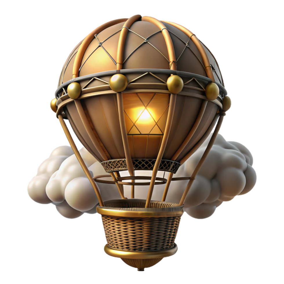 wonderful whimsical surreal A steampunk hot air balloon with a woven wicker basket and brass burners, floating against a cloudy sky, warm, diffused lighting, illustration style precision png