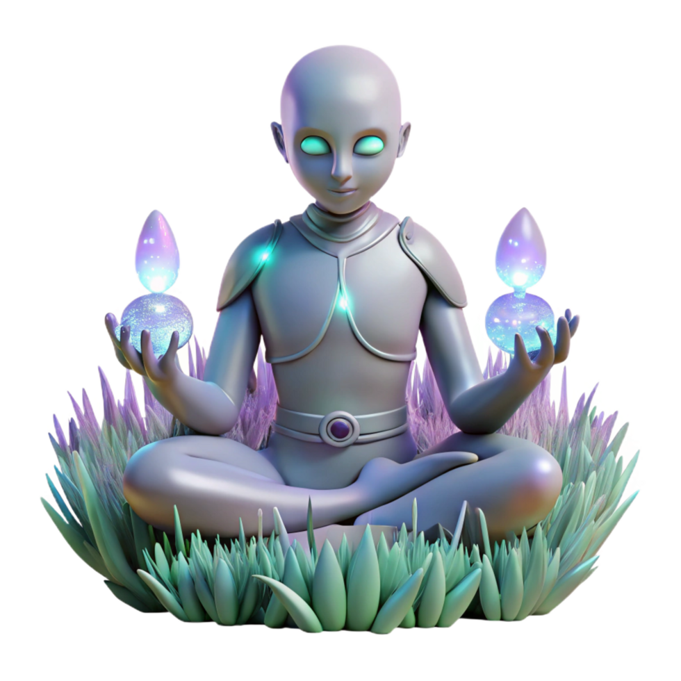 dreamy captivating A genetically modified humanoid with iridescent scales and glowing eyes meditates amidst a field of bioluminescent flora. Soft, ethereal lighting. Surrealism style precision png