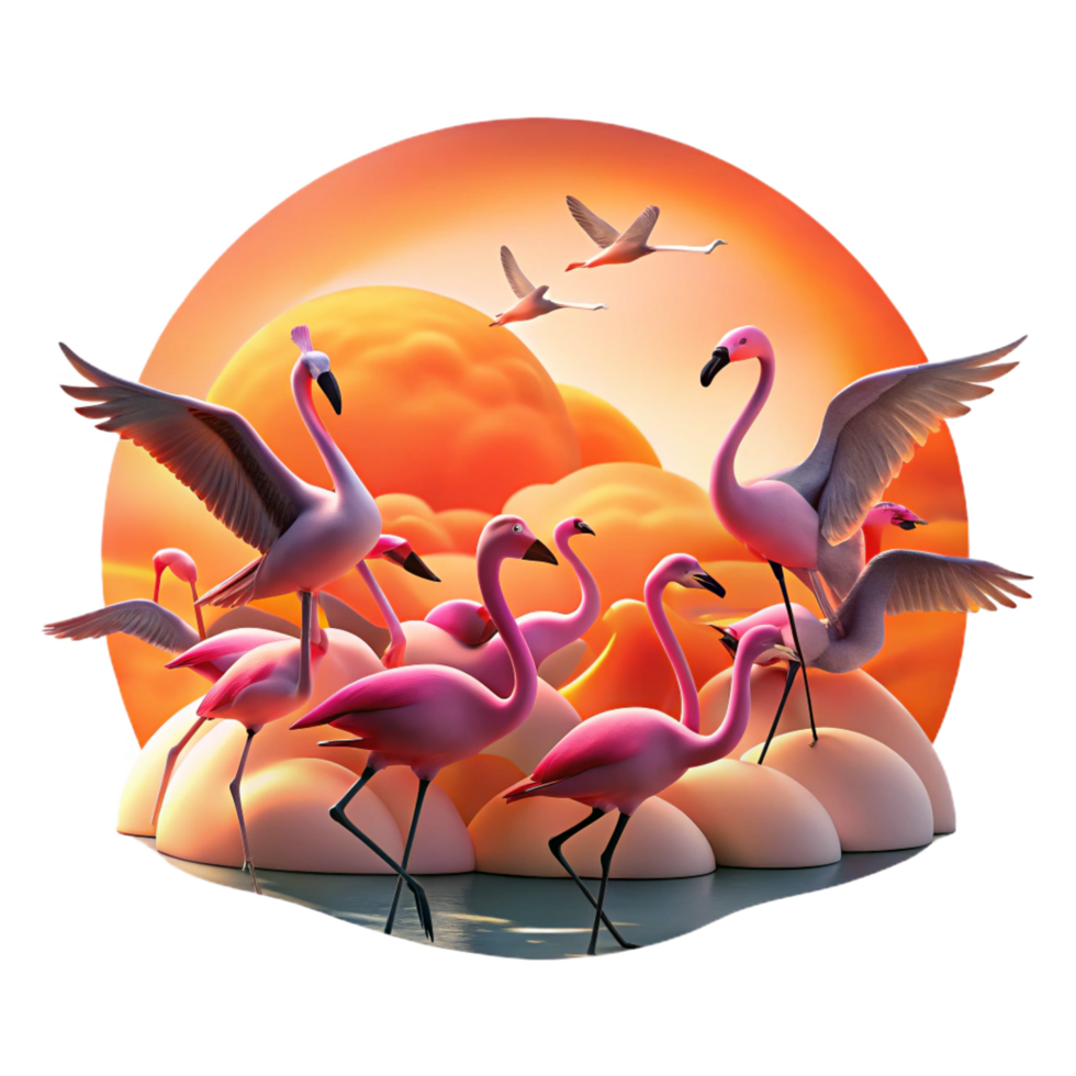 exceptional urban A flock of flamingos taking flight against a fiery sunset, vibrant pinks and oranges, abstract painting style masterfully captured png