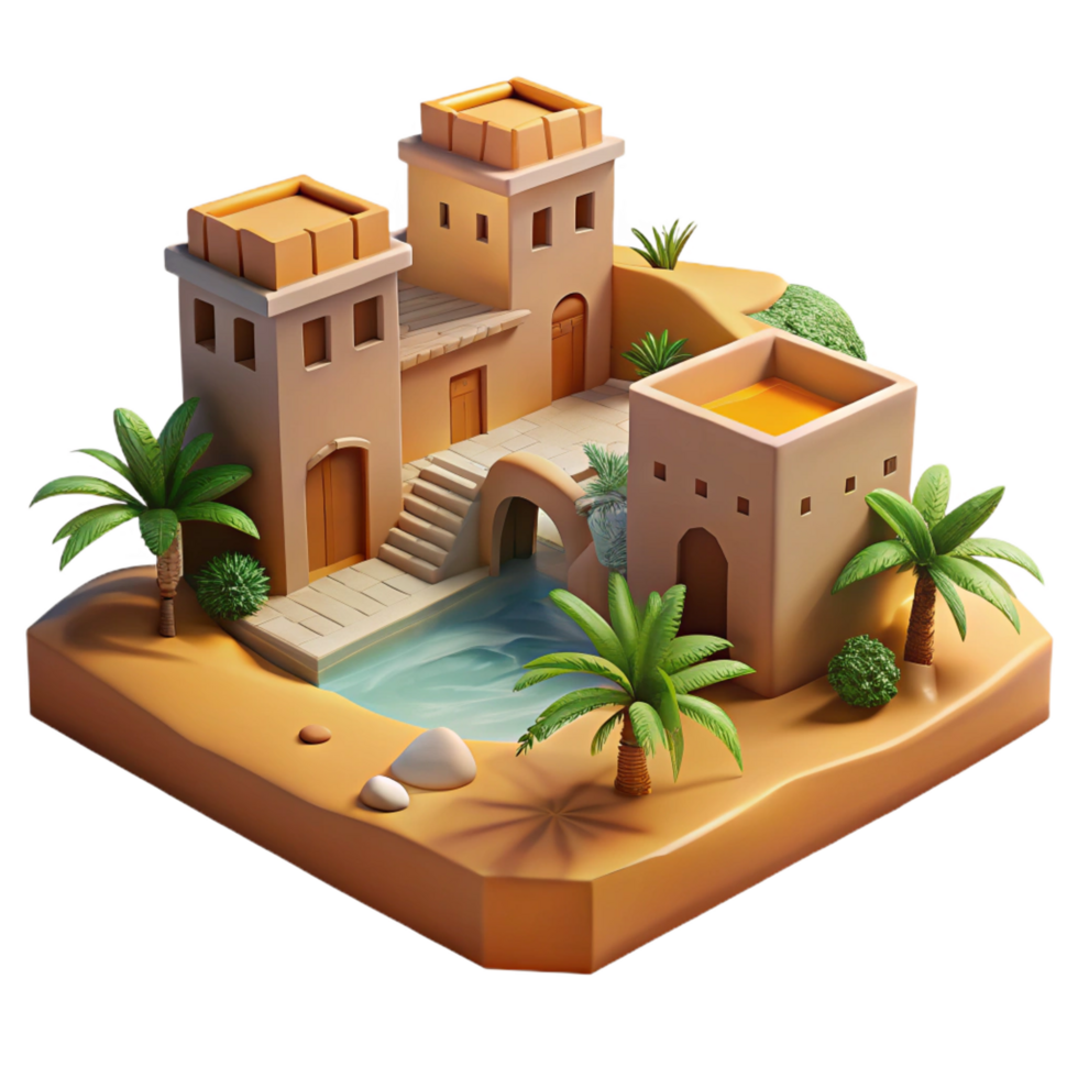 enchanting notable Desert oasis with traditional mud brick buildings, warm afternoon light, peaceful, serene style png