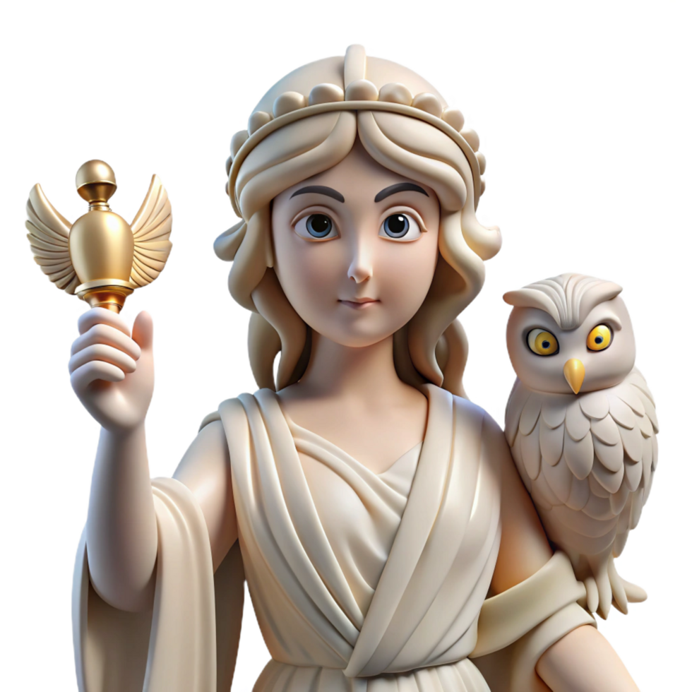 playful fascinating A wise Athena, goddess of wisdom, holding an owl, soft, diffused lighting. Classical style 4K png