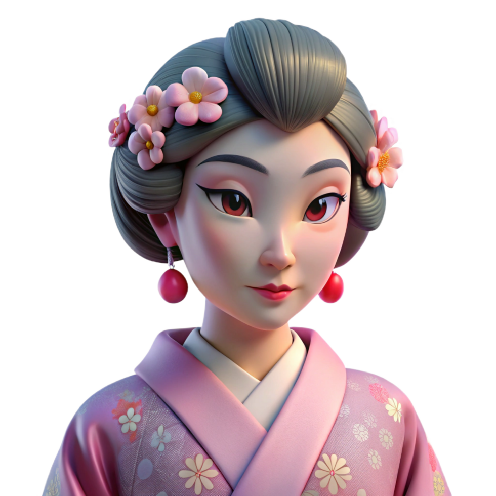 distinctive impressionist Portrait of a serene geisha with elaborate makeup and a floral kimono, soft pink lighting, traditional Japanese painting style fine detail png