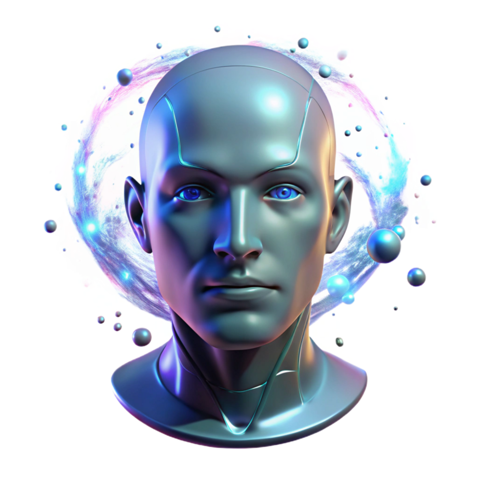 exquisite harmonious renaissance A holographic projection of a human face flickers in the darkness, surrounded by swirling particles of light. Moody, low key lighting. Cyberpunk style professional png