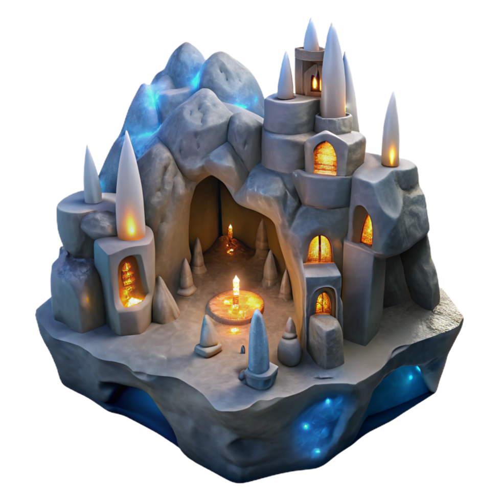 spectacular reflective modern Underground city, carved into rock, soft glowing light, mysterious, fantasy style sharp png