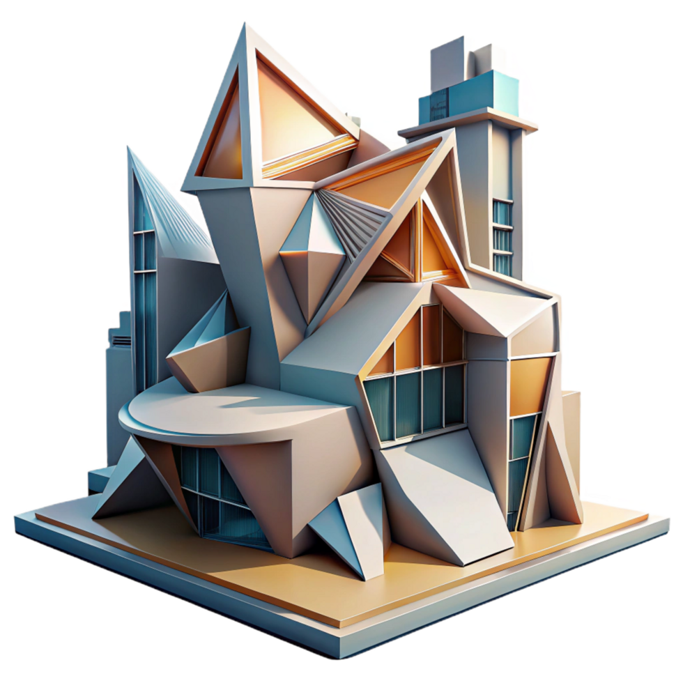 spectacular art deco Deconstructivist building, fragmented forms, sharp angles, dynamic lighting, abstract, architectural style studio quality png