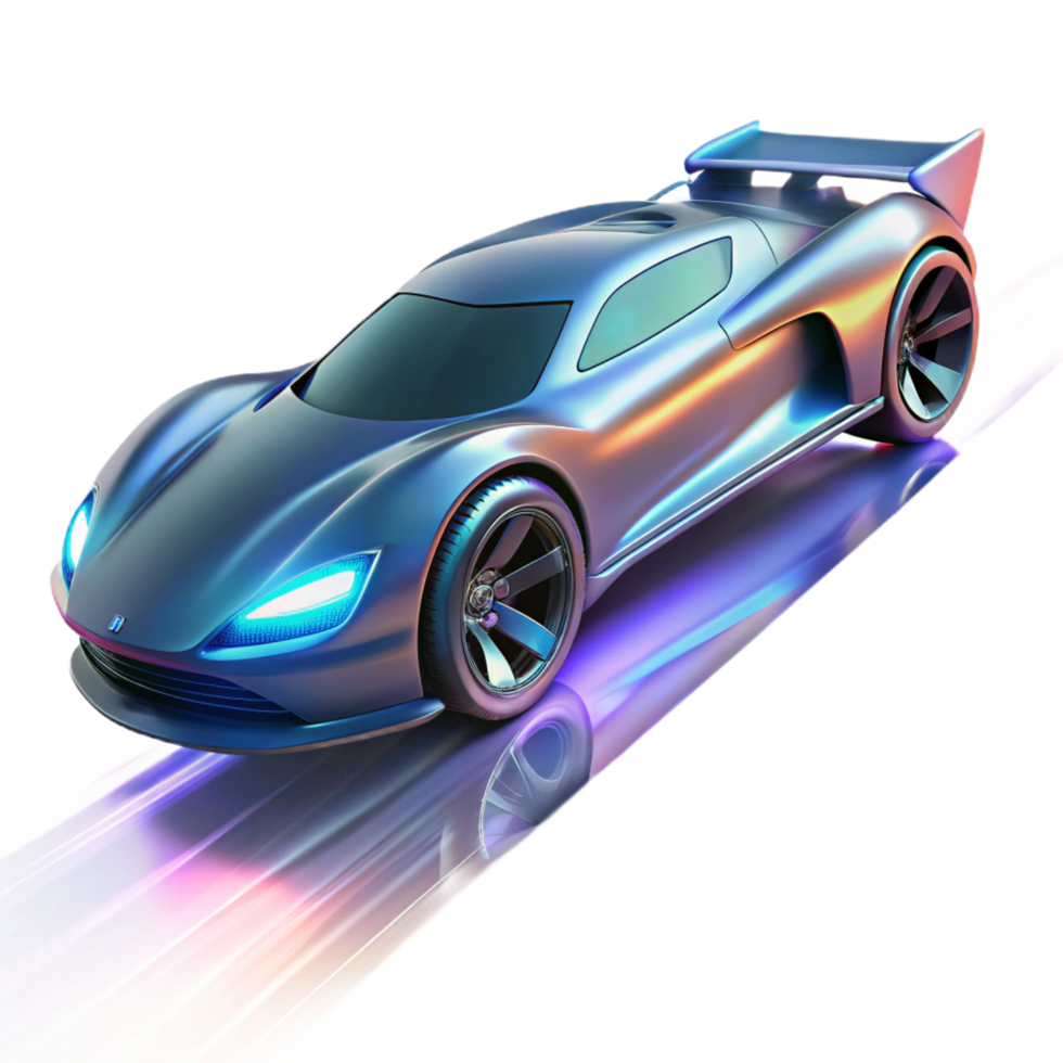 inspired bohemian A futuristic racing car, sleek and aerodynamic, speeds around a track suspended in the air. Dynamic, motion blur lighting. Cyberpunk style refined png