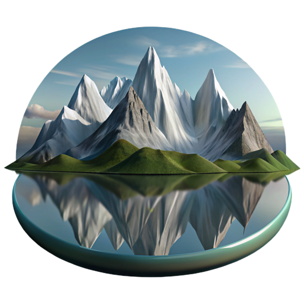dynamic dramatic A majestic mountain range reflected in a still lake. Mirrored reflection, serene atmosphere museum quality png