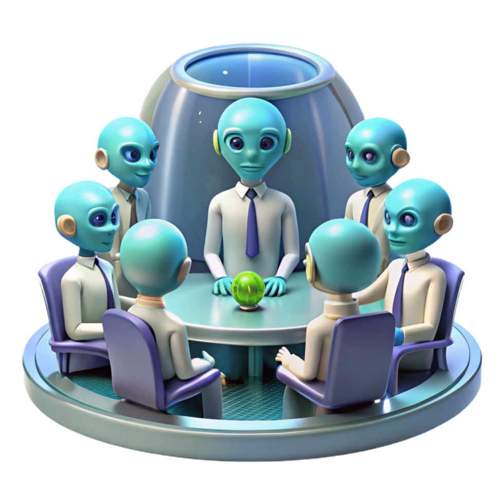 dramatic dazzling A group of alien diplomats meeting in a holographic chamber, intricate alien architecture, formal and dignified, photorealistic style high quality png