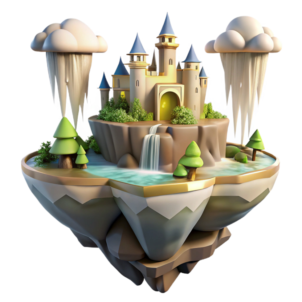 beautiful tranquil abstract Floating island with castle, waterfalls cascading down, soft golden light, fantasy, romantic style masterfully captured png